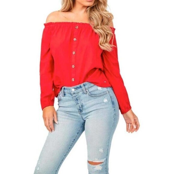 GUESS Off The Shoulder Linen Blend Top Sz Small Red - Picture 2 of 10